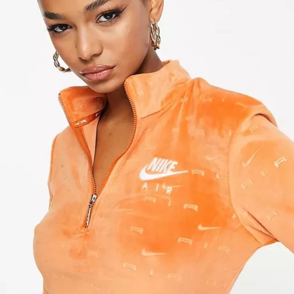 Nike Air All Over Logo 1/4 Zip Velour Long Sleeve Top Size 2X Spice Orange - Picture 3 of 14